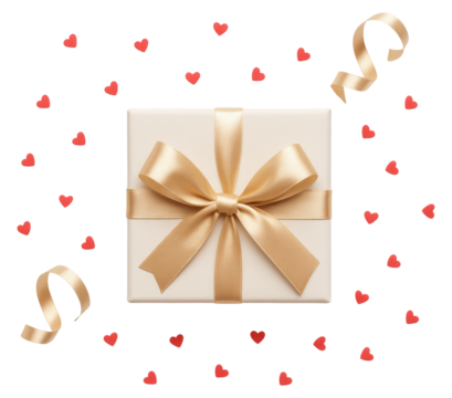 Elegant Gold Ribbon Wrapped Gift Box Surrounded by Red Hearts and Ribbons on a Geometric Pattern Background isolated on a transparent background