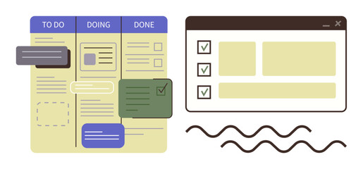 Task board divided into three stages with color-coded cards and checklist interface. Ideal for productivity, planning, workflow, project management, organization, teamwork, task prioritization