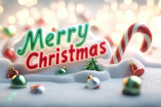 Festive merry christmas neon sign with candy canes and christmas ornaments in snowy winter scene - Powered by Adobe
