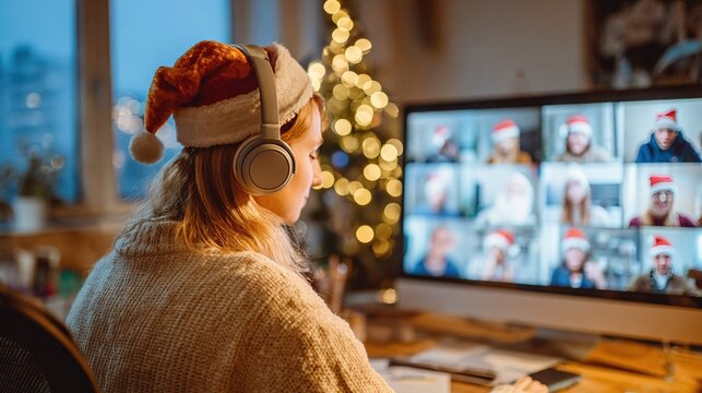 Young software engineer on video call with remote team all wearing silly Christmas hats projected on wall behind her. Upper body shot, working from home with headphones. - Powered by Adobe