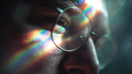 dreamy soft glow,  close-up man in glasses face in a dark space