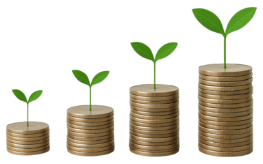 Four stacks of gold coins of increasing height with small green plants growing from the top coin money isolated on a transparent background