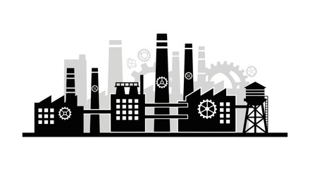 Obraz premium Modern Industrial Factory Vector Illustration with Gears and Chimneys on White Background, Representing Manufacturing and Production, Flat Vector Elements, Vector Illustration, Simple Vector,