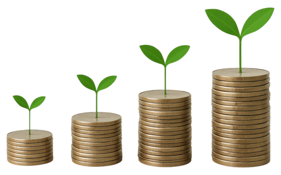 Four stacks of gold coins of increasing height with small green plants growing from the top coin money isolated on a transparent background