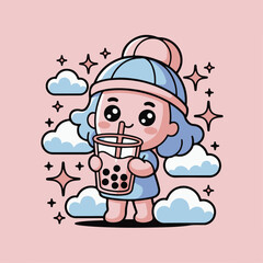 Kawaii pastel chibi character holding bubble tea, surrounded by clouds, sparkles, and stars. Cute vector T-shirt design in soft pink and baby blue with minimal background.