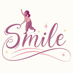 A joyful cartoon girl with a ponytail and a pink shirt and purple pants skates on the word smile in a playful whimsical and celebratory style with decorative elements