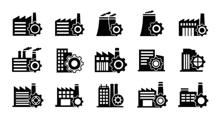 Black and White Industrial Factory and Gear Icons Set for Manufacturing and Production Concepts on White Background, Flat Vector Elements, Vector Illustration, Simple Vector, Stylized Vector Drawing,