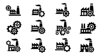 Collection of Black and White Industrial Icons: Factories, Gears, and Manufacturing Symbols on White Background, Flat Vector Elements, Vector Illustration, Simple Vector, Stylized Vector Drawing,