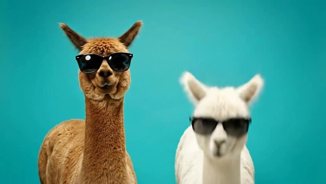 Two llamas wearing sunglasses against a vibrant blue background  