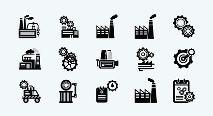 Industrial Sector Icons Set: Factories, Gears, and Mechanical Industry Symbols for Design Projects, Flat Vector Elements, Vector Illustration, Simple Vector, Stylized Vector Drawing, Vector Template,