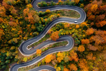 Aerial view of curving road through colorful autumn forest
