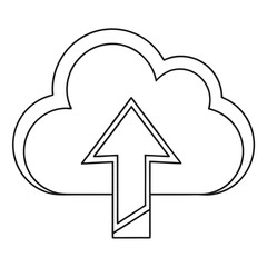 A simple black and white line art icon representing a cloud with an upward pointing arrow inside symbolizing data upload or cloud storage