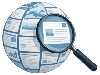 Globe with magnifying glass over web pages and charts world internet isolated on a transparent background