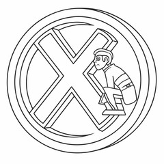 A stylized black and white line drawing of a cartoon character crouching inside a large circular emblem featuring a prominent x shape conveying a sense of mystery or observation