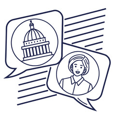 Illustration of a person speaking about government and politics through a speech bubble with a capitol building icon representing communication and civic engagement