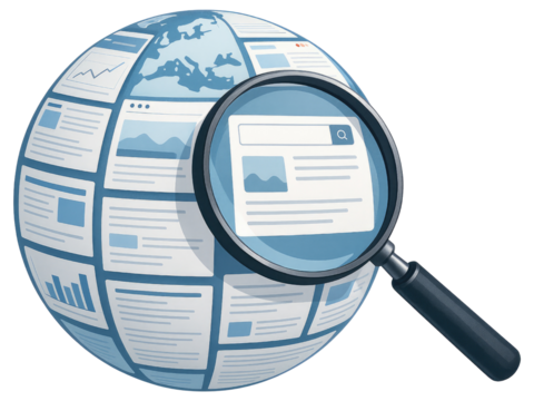 Globe with magnifying glass over web pages and charts world internet isolated on a transparent background