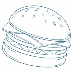 A simple line drawing of a delicious hamburger with a sesame seed bun cheese and a patty perfect for food illustrations and designs