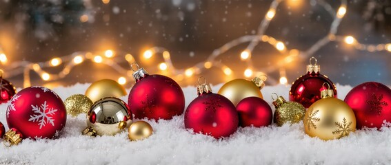 Red and golden Christmas baubles lying on fresh snow, glowing fairy lights in the background, magical holiday atmosphere