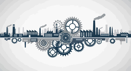Industrial Cityscape with Factories, Gears, and Urban Skyline - Modern Engineering and Manufacturing Concept Illustration, Flat Vector Elements, Vector Illustration, Simple Vector, Stylized Vector