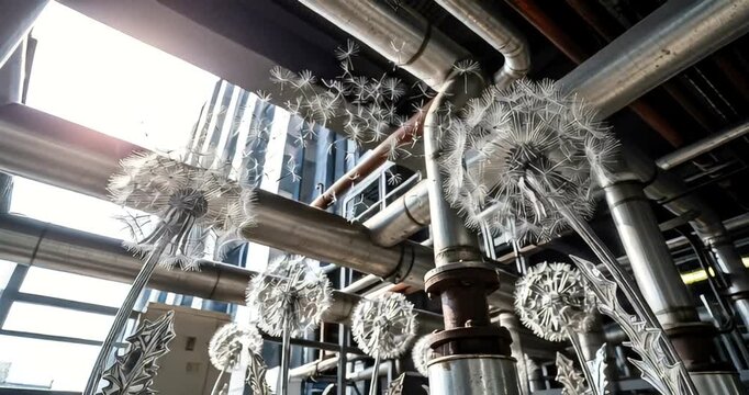 Industrial pipes adorned with dandelion-like structures in a modern setting