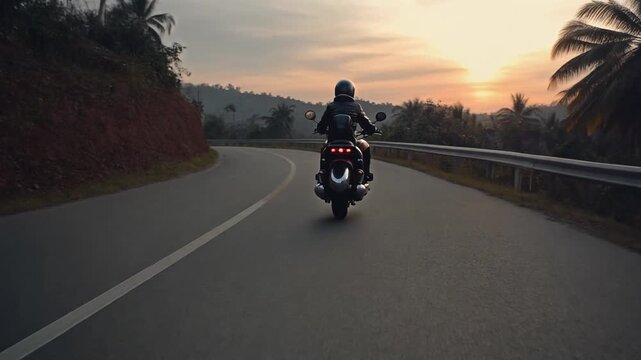 A motorcyclist rides along a winding road at sunset, captured from a rear angle. 