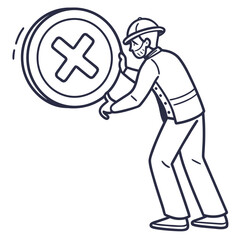 A person wearing a hard hat and mask pushes a large circular sign with a red cross symbol representing a stop or prohibition against a white background