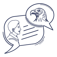 A man speaking with an eagle appearing in his thought bubble symbolizing powerful communication vision and strategic thinking in business or personal development