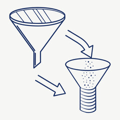 Conceptual illustration of a filtering process using two funnels and arrows showing the flow of material from one to the other representing data refinement or separation