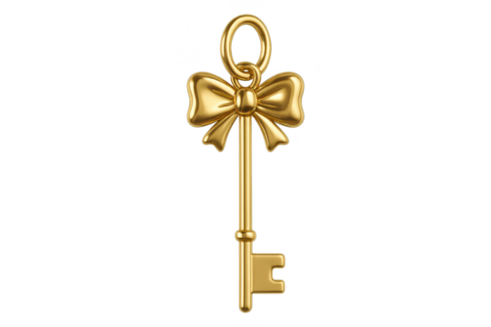 Elegant golden key with a bow isolated on transparent background, classic design