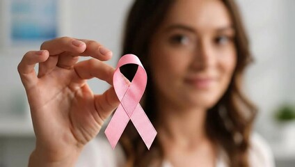 Young woman holding pink ribbon for breast cancer awareness - Powered by Adobe