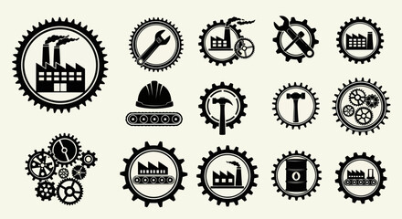 Industrial and Engineering Icons Set with Gears, Factory, Wrench, Hard Hat, and Conveyor Belt on a Light Background, Flat Vector Elements, Vector Illustration, Simple Vector, Stylized Vector Drawing,