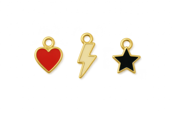 Three gold plated pendants heart, lightning bolt and star on transparent background