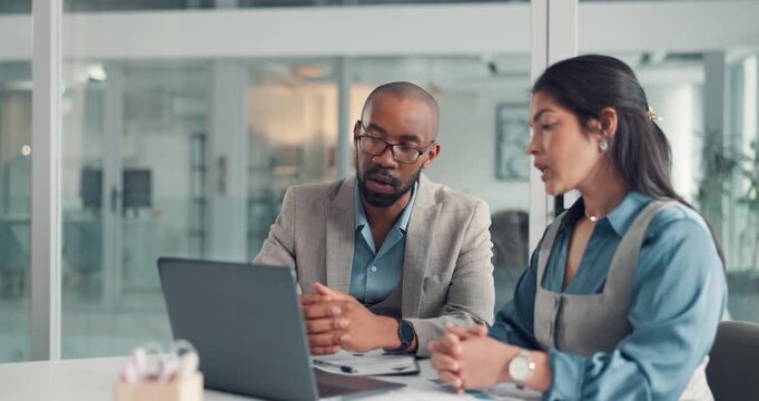 Businessman, coach or discussion with colleague on laptop for company strategy or ideas in office. Man, woman or training staff with intern on computer or app for software, improvement or development