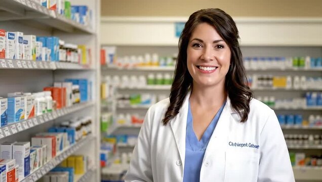 Female pharmacist smiling while standing in pharmacy with shelves  