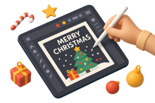 Hand drawing Merry Christmas card on tablet with festive decorations illustration isolated on a transparent background - Powered by Adobe