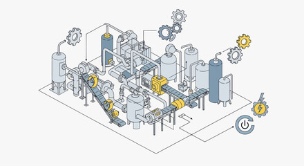 Isometric Illustration of an Industrial Processing Plant with Conveyor Belt and Machinery for Manufacturing or Recycling, Flat Vector Elements, Vector Illustration, Simple Vector, Stylized Vector