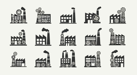 Obraz premium Seamless Pattern of Industrial Factory Icons with Gears and Smoking Chimneys, Flat Vector Elements, Vector Illustration, Simple Vector, Stylized Vector Drawing, Vector Template, Clean Vector Style,
