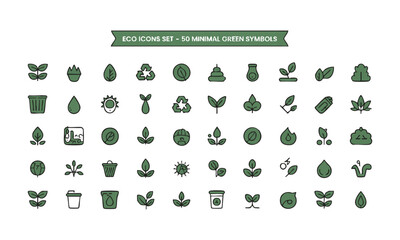 Eco Icons Set 50 Minimal Green Symbols, Flat Vector on White, eco icon set, easily editable and scalable.