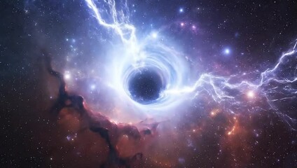 Cosmic black hole surrounded by swirling galaxies and energy bursts