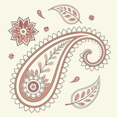 Elegant paisley motif with delicate floral elements and leaf shapes in a soft rose and brown color palette on a cream background evoking traditional indian art and textile design