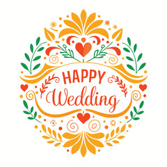 Festive Circular Floral Design Wishing Happy Wedding Vibrant Orange And Green
