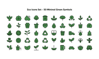 Eco Icons Set 50 Minimal Green Symbols, Flat Vector on White, eco icon set, easily editable and scalable.