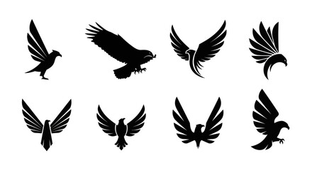 Collection of Stylized Black Eagle and Hawk Logos with Geometric Designs on a White Background, Ideal for Modern Branding and Emblems, Flat Vector Elements, Vector Illustration, Simple Vector,