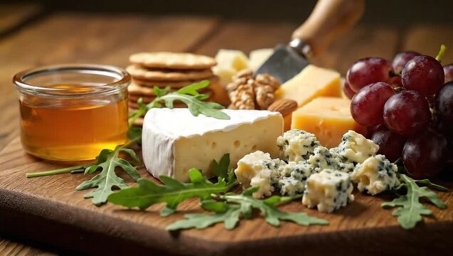 Cheese platter with assorted cheeses, crackers, grapes, and honey  