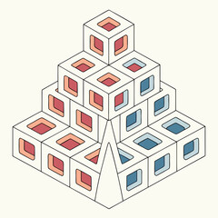 Fototapeta premium Geometric pyramid structure built from hollow cubes with contrasting red and blue inner squares presented in a clean isometric illustration on a neutral background