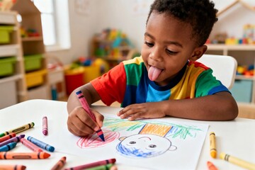 Playful child drawing with crayons in colorful room, Childhood creativity and artistic expression concept