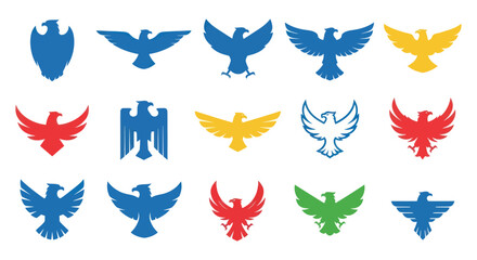 Collection of Stylized Eagle, Hawk, and Phoenix Logos and Emblems in Blue, Red, and Yellow Silhouettes, Isolated on White Background, Flat Vector Elements, Vector Illustration, Simple Vector,