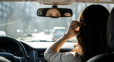Woman driving fixing her hair in the rearview mirror bright sun safe driving careful on the road be aware drive safely please