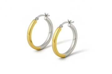 Two-tone hoop earrings isolated on transparent background, golden and silver