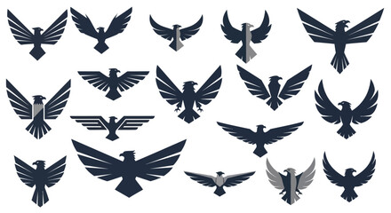 Collection of Stylized Eagle and Raptor Logo Designs, featuring Powerful Avian Silhouettes with Spread Wings for Branding and Graphic Elements on a White Background, Flat Vector Elements, Vector